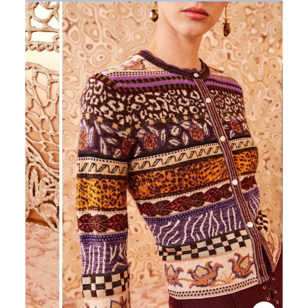 Ulla Johnson Mixed Animal Print Jacquard Knit Cardigan Purple Wool Alpaca Large